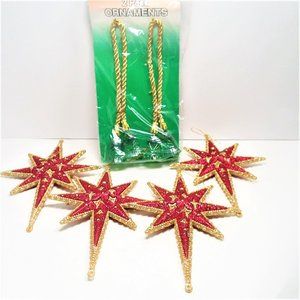 6 Christmas Ornaments Stars & Bells Gold Red Shinny Beaded Tassles Holiday Deco